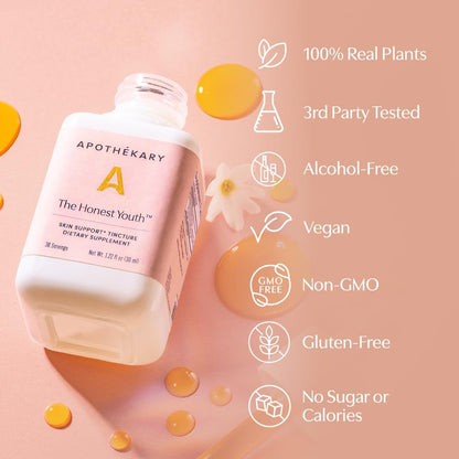 Apothékary The Honest Youth, Collagen & Skin Support Herbal Liquid Drops, Traditionally Used to Support Skin Radiance with Reishi and Tremella Mushroom, Vegan, Gluten-free, 30 ml, 30 Servings