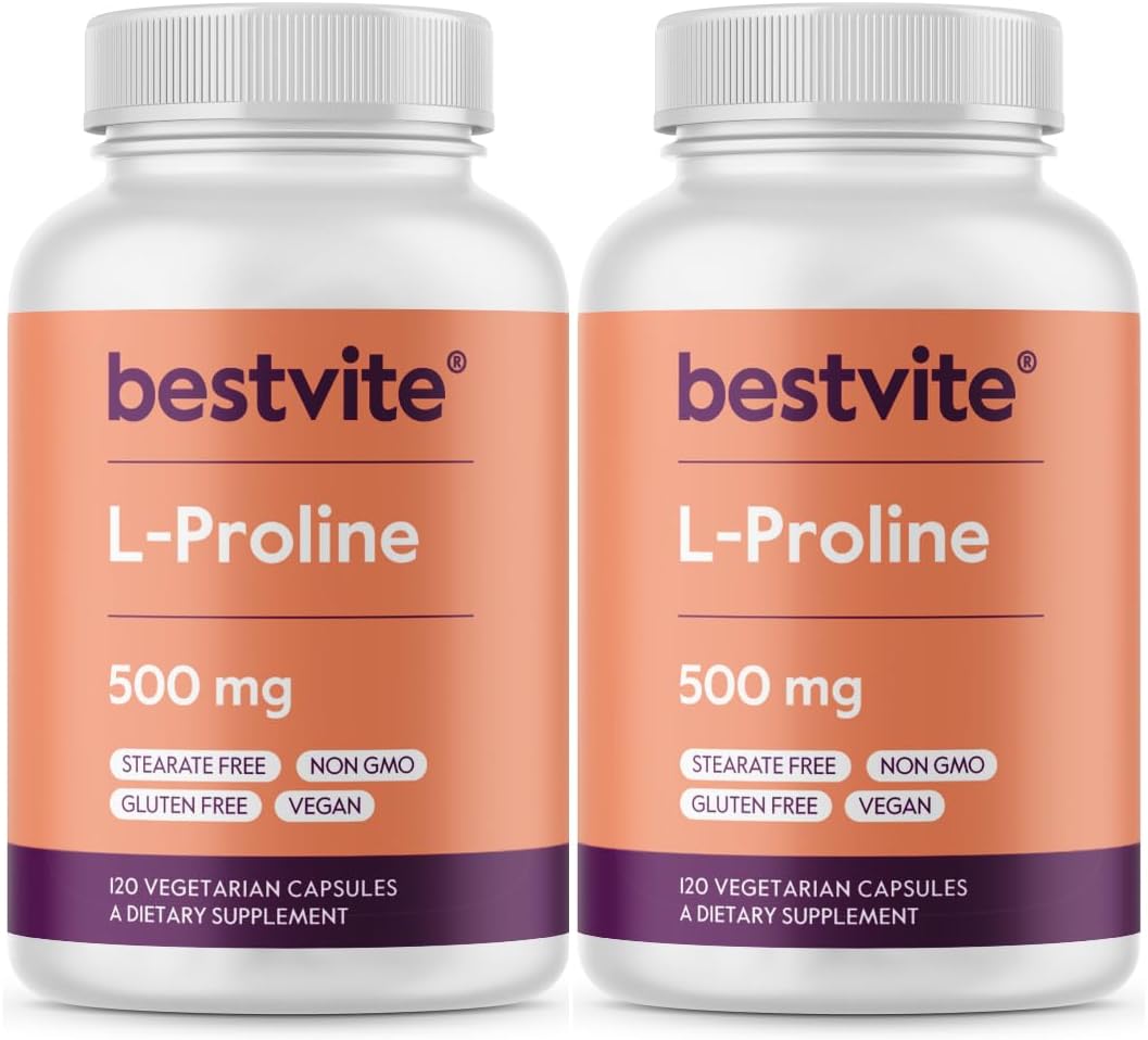 BESTVITE L-Proline 500mg | 240 Vegetarian Capsules | No Stearates, No Fillers, Vegan, Gluten-free, Non-GMO - görsel 1