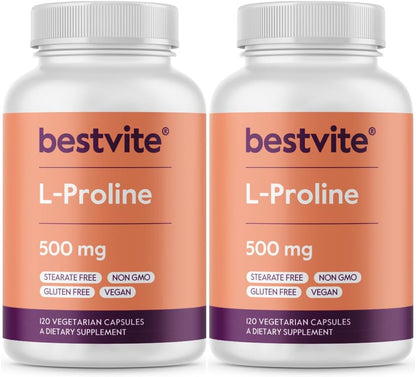 BESTVITE L-Proline 500mg | 240 Vegetarian Capsules | No Stearates, No Fillers, Vegan, Gluten-free, Non-GMO