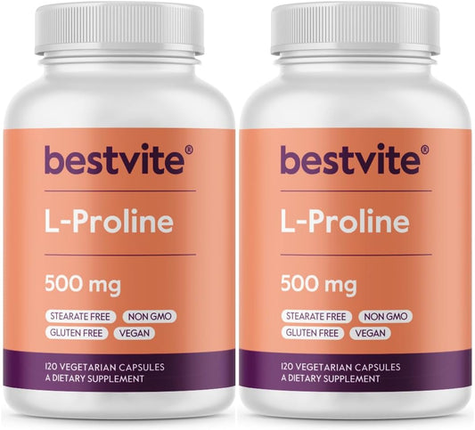 BESTVITE L-Proline 500mg | 240 Vegetarian Capsules | No Stearates, No Fillers, Vegan, Gluten-free, Non-GMO