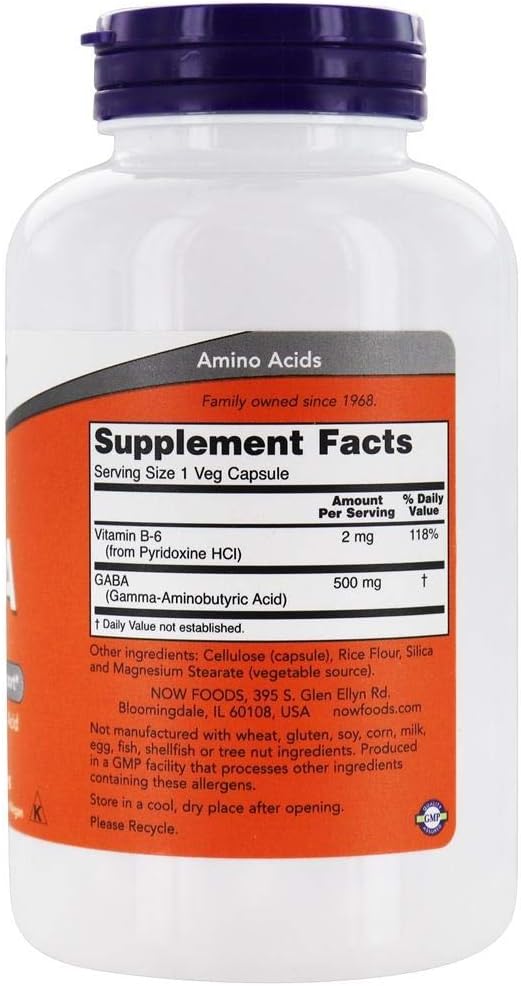 NOW Foods GABA with Vitamin B6, 500 mg, 200 Vegetable Capsules - görsel 2