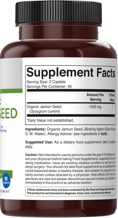 Brieofood Organic Jamun Seed 1500mg, 90 Vegetarian Tablets, Gluten-free