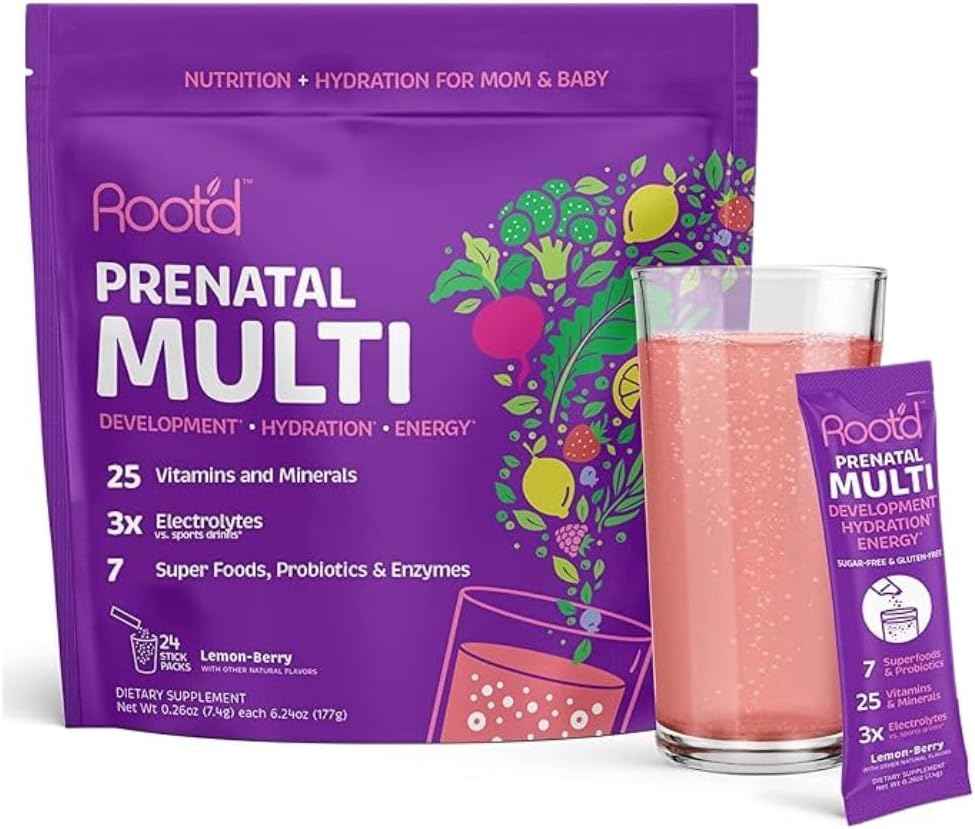 Root'd Prenatal Multivitamin Powder with 3X Electrolytes - 25 Vitamins and Minerals, Folate, Iron, Vitamin D3, 7 Superfoods and Probiotics | 24 Drink Sachets - görsel 1