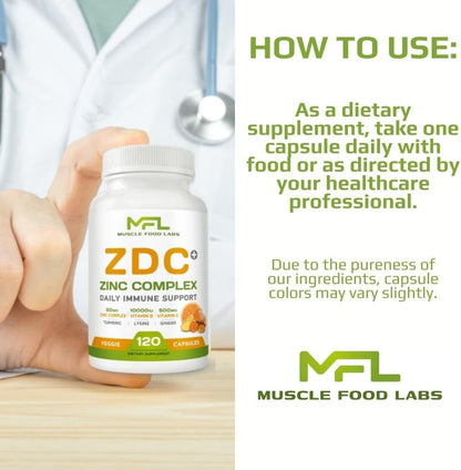 ZDC Plus Vitamin C 500mg with D3, Zinc, Turmeric, Ginger, Lysine - 120 Vegetable Capsules
