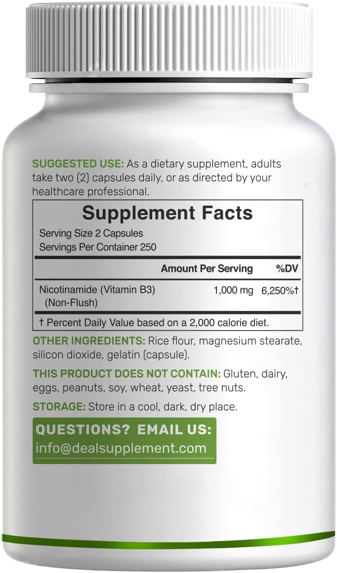 Vitamin B3 Nicotinamide 1,000mg – 500 Capsules – Flush Free Niacin Supplement - görsel 7