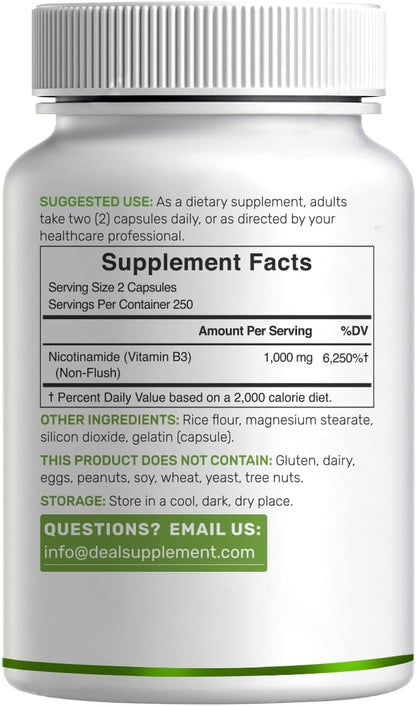 Vitamin B3 Nicotinamide 1,000mg – 500 Capsules – Flush Free Niacin Supplement