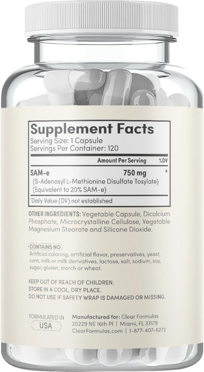Clear Formulae Bioactive SAM-e 750mg – Liver and Mood Support Food Supplement, 120 Capsules