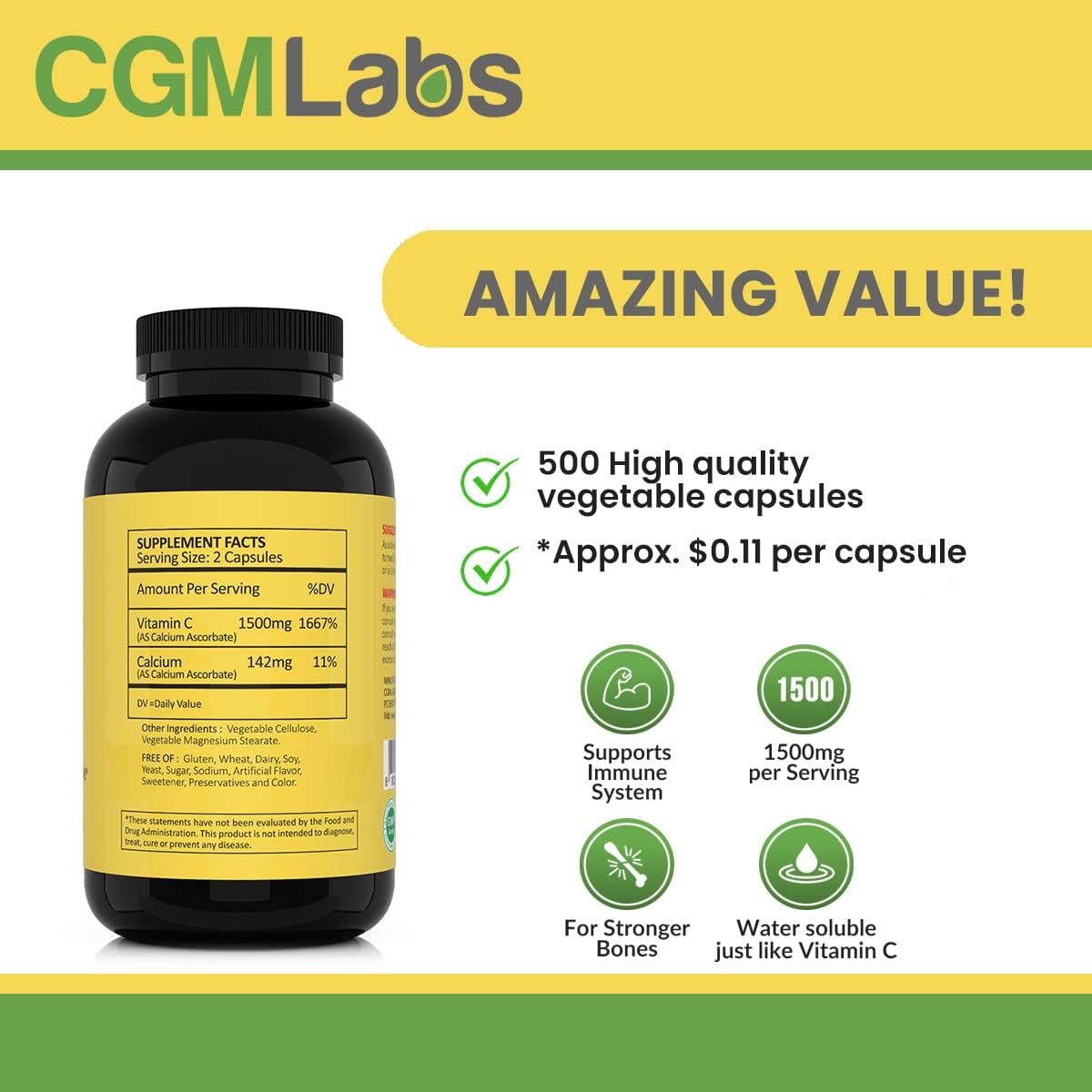 CGMLABS Non Acidic Vitamin C Food Supplement 1500mg with Calcium - Gentle on the Stomach, Immune & Bone Support (500 Capsules) - görsel 2