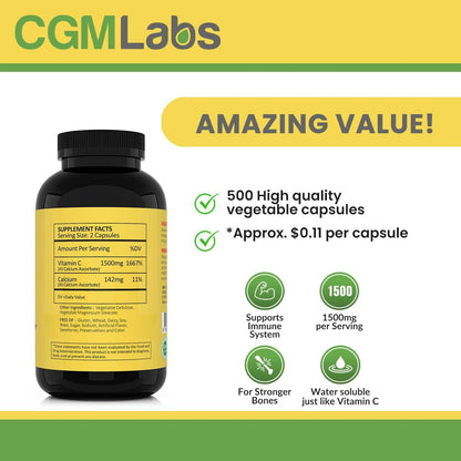 CGMLABS Non Acidic Vitamin C Food Supplement 1500mg with Calcium - Gentle on the Stomach, Immune & Bone Support (500 Capsules)