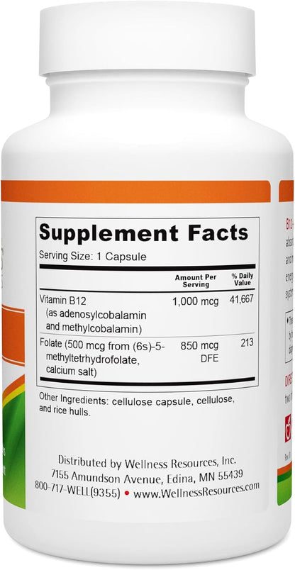 Wellness Resources B12 and Folate - Methyl B12 1000 & Methylated Folate, High Absorption, Gluten-free, for MTHFR Support