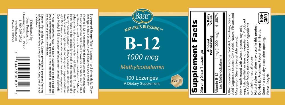 Baar Brain B12 Lozenges, 1000 mcg, 100 Lozenges - görsel 2