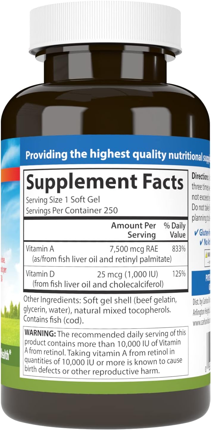 Carlson - A & D, 25000 IU (7500 mcg RAE) Vitamin A, 1000 IU (25 mcg) Vitamin D, Vision Support, Skin Health, 250 Softgels - görsel 2