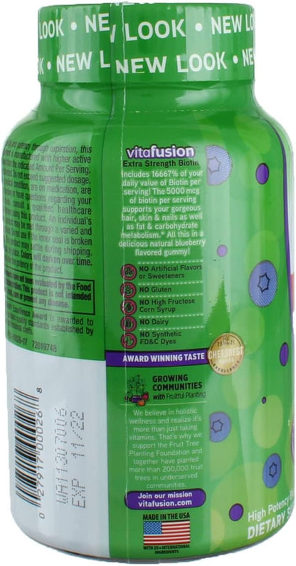 VitaFusion Biotin 5000 mcg Gummies, Extra Strength, Natural Blueberry Flavour – 300 Count (3 Pack)