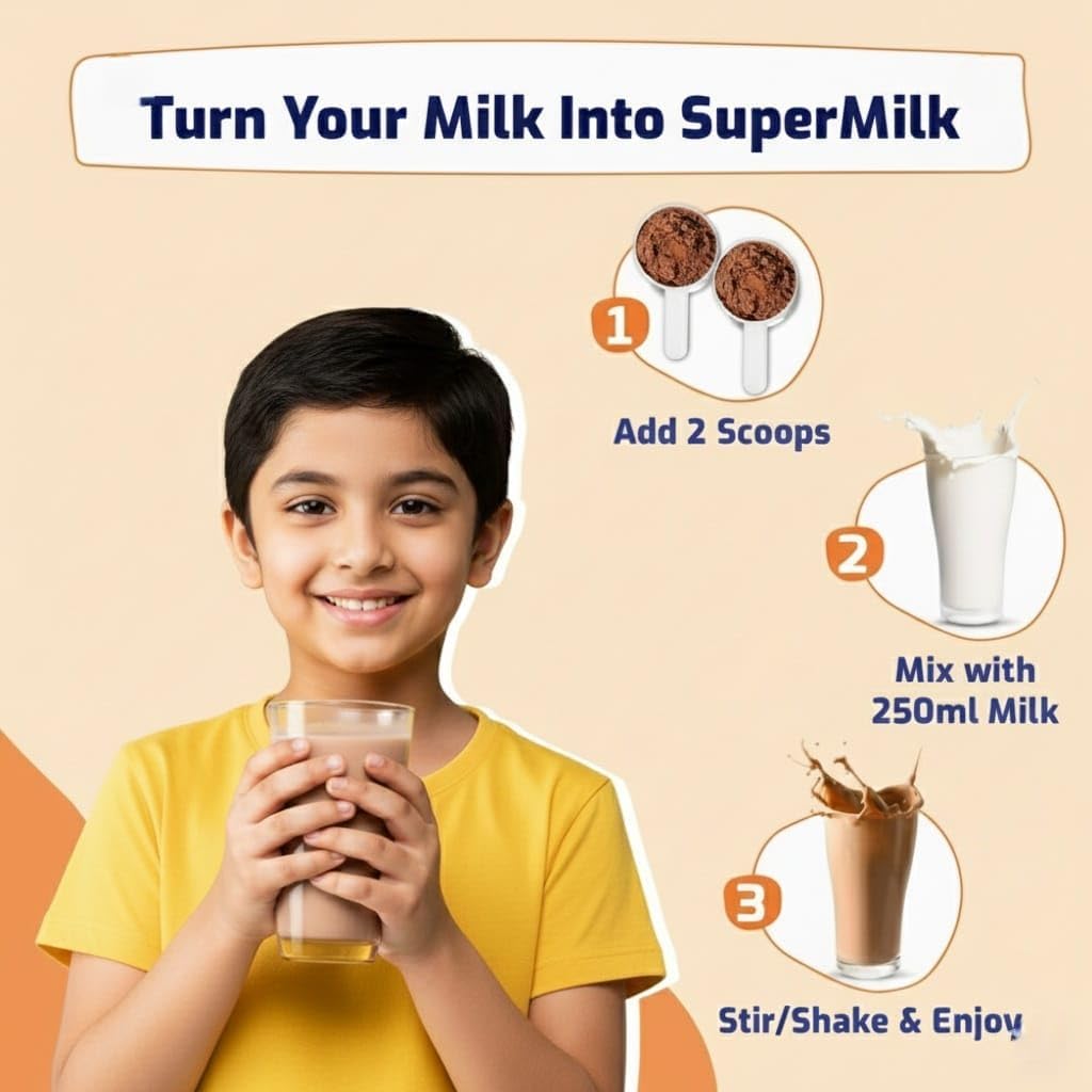 Supermilk Height+ for Boys 8-12 Years – Tailored Health Drink with Protein, Calcium, D3 & 21 Vitamins & Minerals – Double Chocolate – 400g Powder - görsel 7