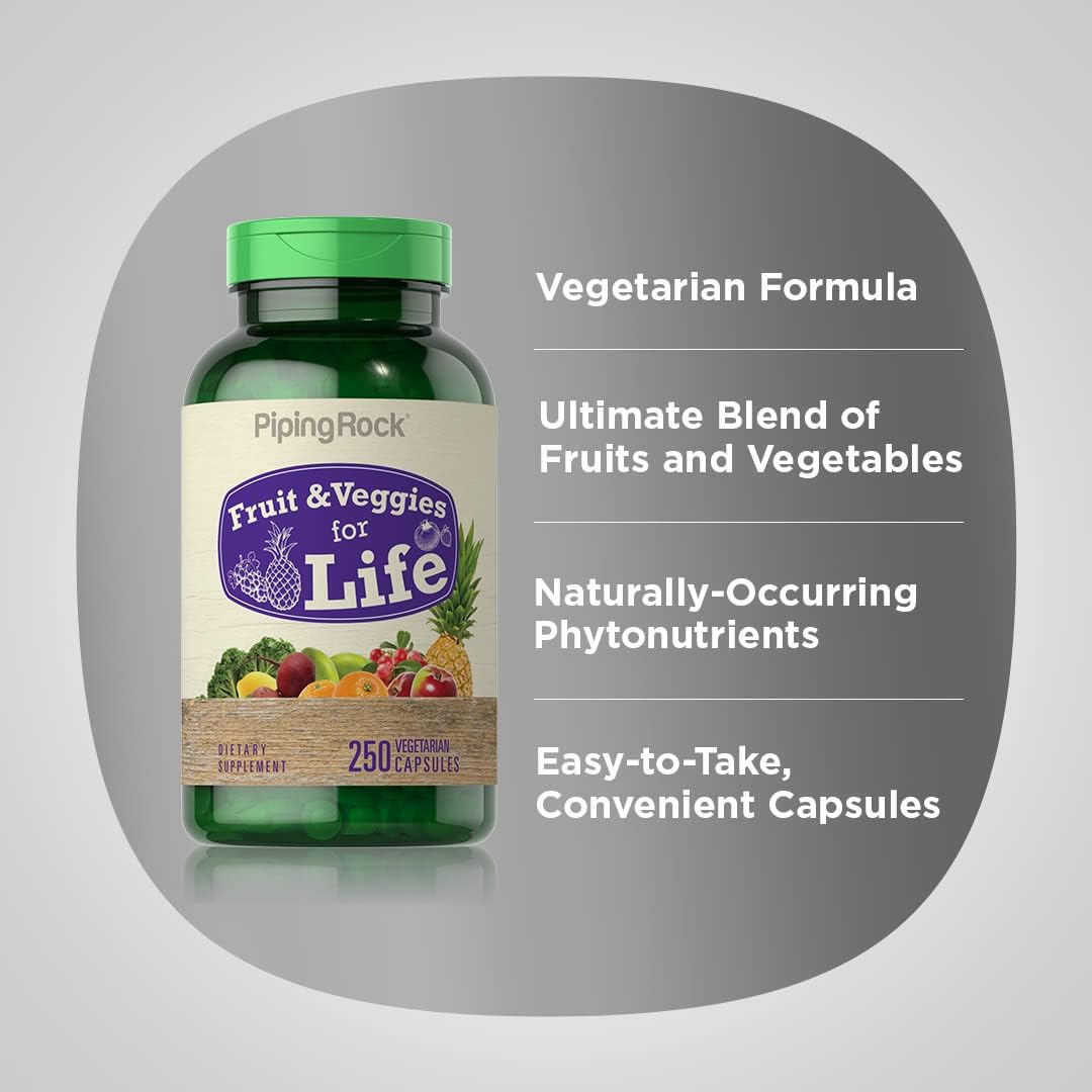 Piping Rock Fruit and Veg Supplement - 250 Capsules - Superfood Blend with Phytonutrients - Vegetarian, Non-GMO, Gluten-free - görsel 3