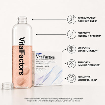 MDR VitalFactors NAD+ Anti-Ageing Drink Mix – Doctor Formulated Effervescent Tablets with Resveratrol, SOD, B12 & D3 – Supports Cellular Health & Vitality – 40 Tablets