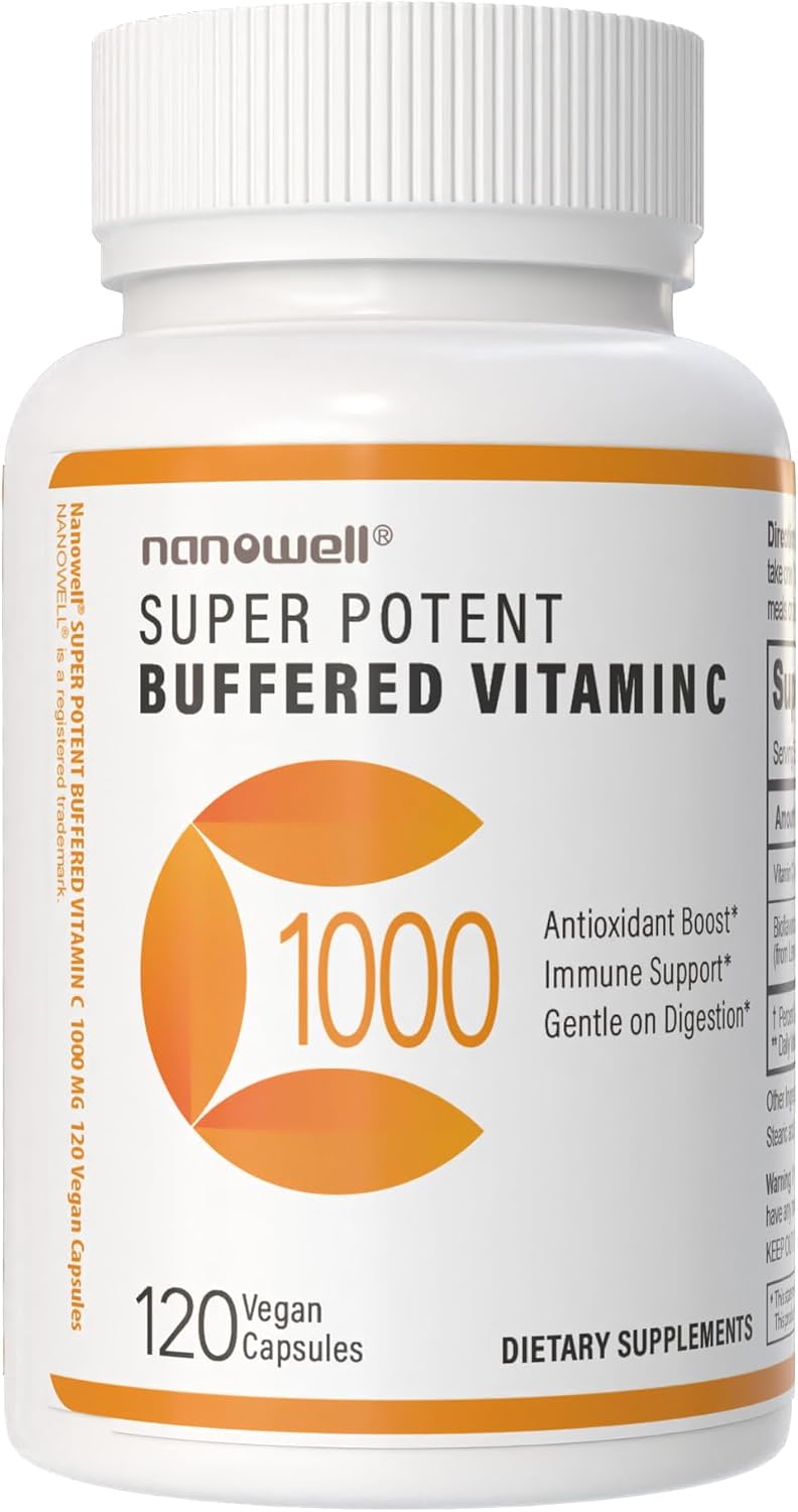 NANOWELL Super Potent Buffered Vitamin C 1000 mg with Bioflavonoid Complex - Antioxidant & Immune Support - Healthy Skin & Joints - Gluten-free - 180 Servings - görsel 1