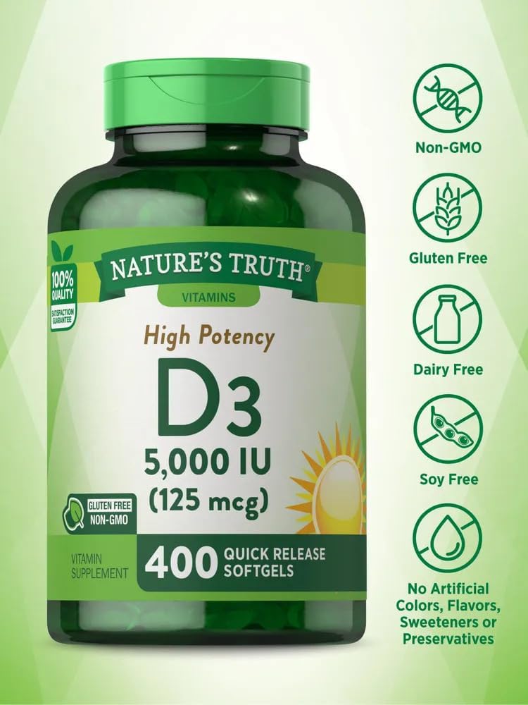 Nature's Truth Vitamin D3 5000 IU Softgels, 400 Count - görsel 3