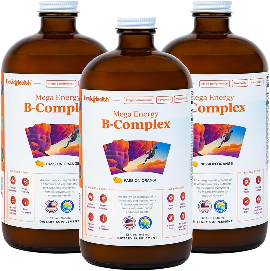 LIQUIDHEALTH Mega Energy Methylated B-Complex, Adult Liquid Vitamin Supplement - Boosts Energy, Relieves Stress and Fatigue, Immune Support, Heart and Gut Health - Made in USA, Vegan, Sugar-Free (3 Pack) - görsel 1