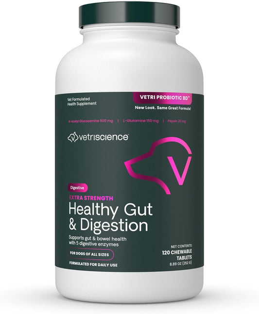 VetriScience Extra Strength Healthy Gut & Digestion Chewable Tablets – Probiotic & Enzyme Supplement for Dogs, 120 Tablets