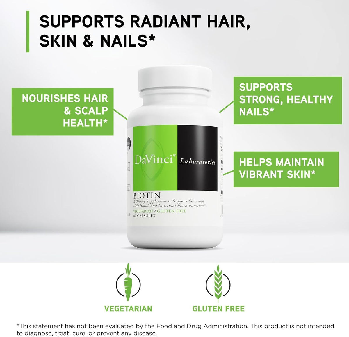 DAVINCI Labs Biotin - Supports Skin & Hair Health, Intestinal Flora Function* - Dietary Supplement with Vitamin C & Calcium as Ca Carbonate - Vegetarian - Gluten-Free - 60 Capsules - görsel 3