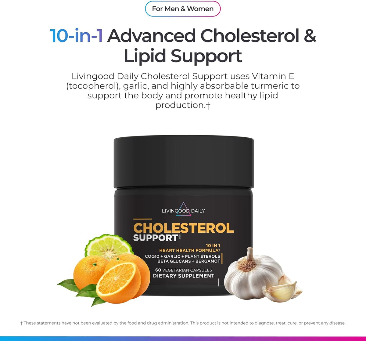 Livingood Daily Cholesterol Support Supplement - Heart Health with Garlic, CoQ10, Vitamin E, Bergamot, Plant Sterols - 60 Capsules - görsel 2