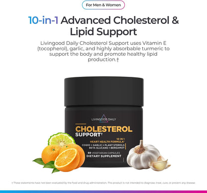 Livingood Daily Cholesterol Support Supplement - Heart Health with Garlic, CoQ10, Vitamin E, Bergamot, Plant Sterols - 60 Capsules
