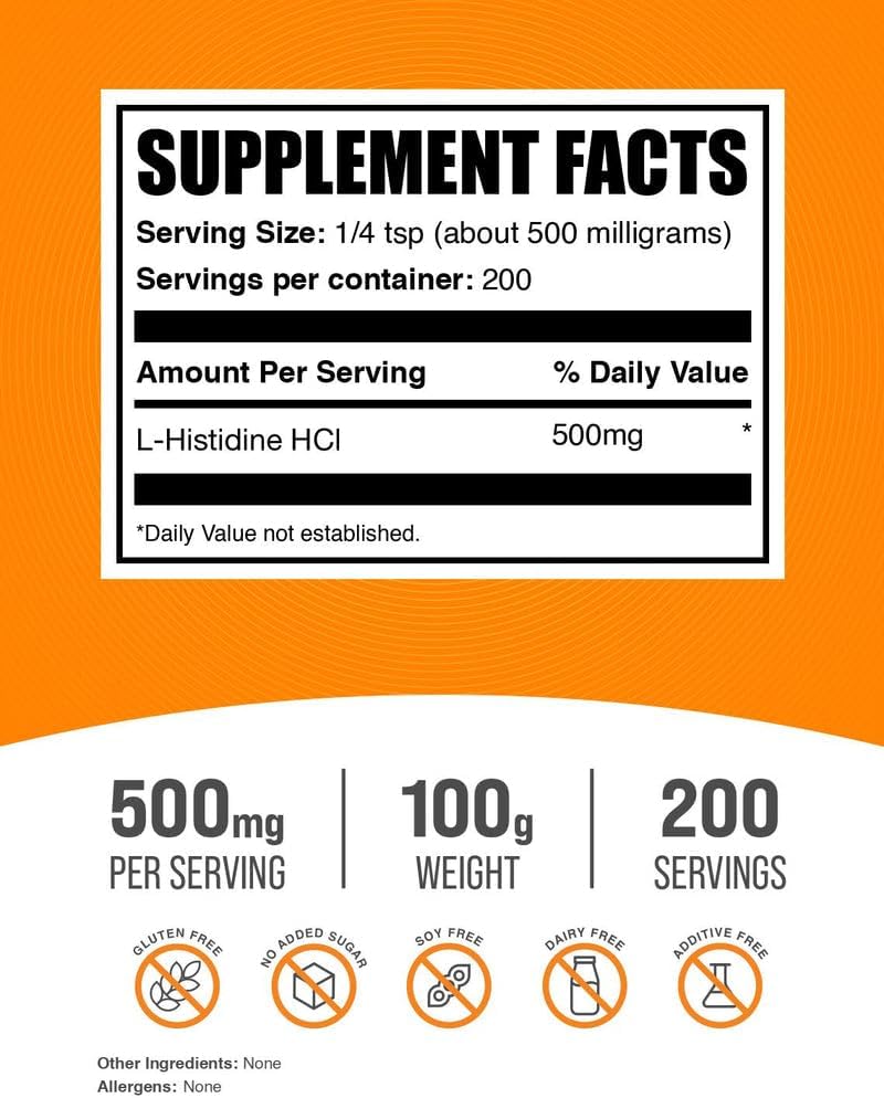 BulkSupplements L-Histidine HCl Powder - Essential Amino Acid Supplement - Gluten-free, 500mg per Serving, 100g - görsel 2