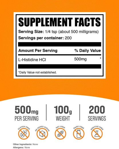 BulkSupplements L-Histidine HCl Powder - Essential Amino Acid Supplement - Gluten-free, 500mg per Serving, 100g