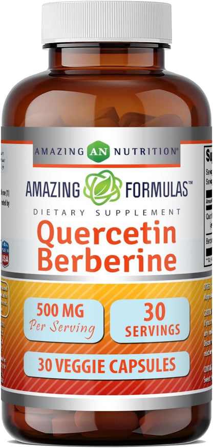 Amazing Formulae Quercetin Berberine | 250mg Berberine and 250mg Quercetin | Veggie Capsules | Non-GMO | Gluten-free | 30 Count