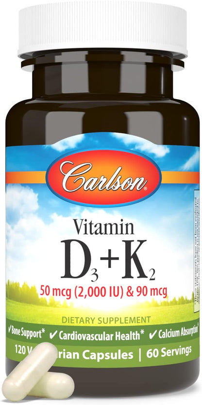 Carlson Vitamin D3 + K2, 2000 IU & 90 mcg MK-7, 120 Capsules