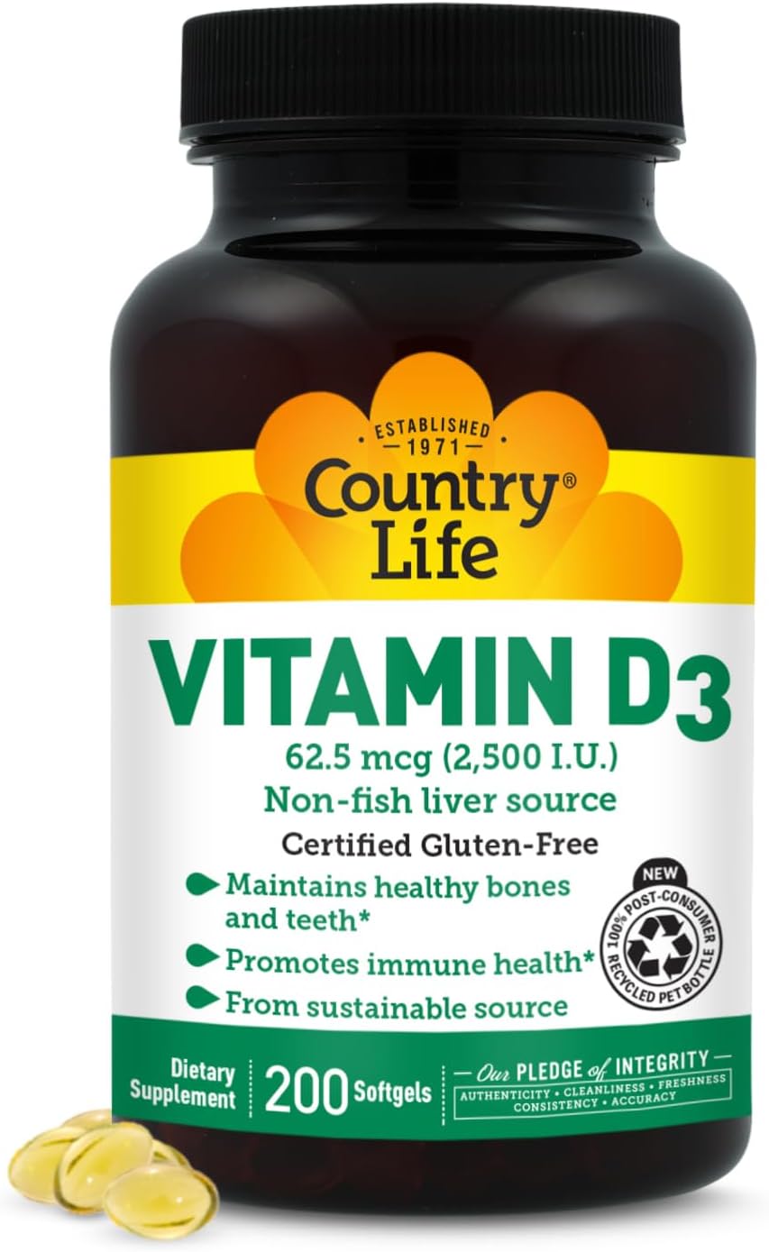 Country Life Vitamin D3 2500 IU – Non-Fish Derived, High Strength Vitamin D3 for Bone Health, Immune Support & Calcium Absorption – Certified Gluten-Free, 200 Softgels - görsel 1