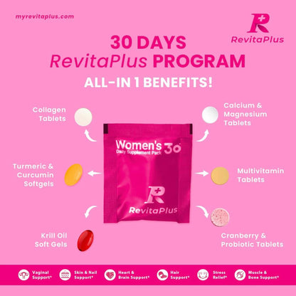 RevitaPlus Multivitamin for Women with Vitamin A,B,C,D3,E,K2,Biotin, Collagen, Krill Oil, Cranberry Supports Energy, Wellbeing, Beauty and Immune - Vitamin Sachets for Women's Health 30 Sachets