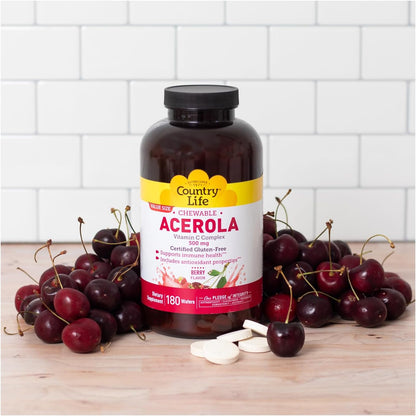 Country Life Acerola Vitamin C Complex – 500mg Chewable Berry Flavoured Wafers – Supports Immune System – 180 Count