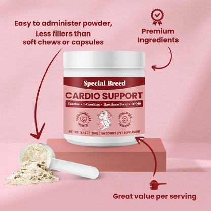 Special Breed Cardio Support for Dogs – Taurine, L-Carnitine, CoQ10 & Organic Hawthorn Berry Powder – 120 Servings