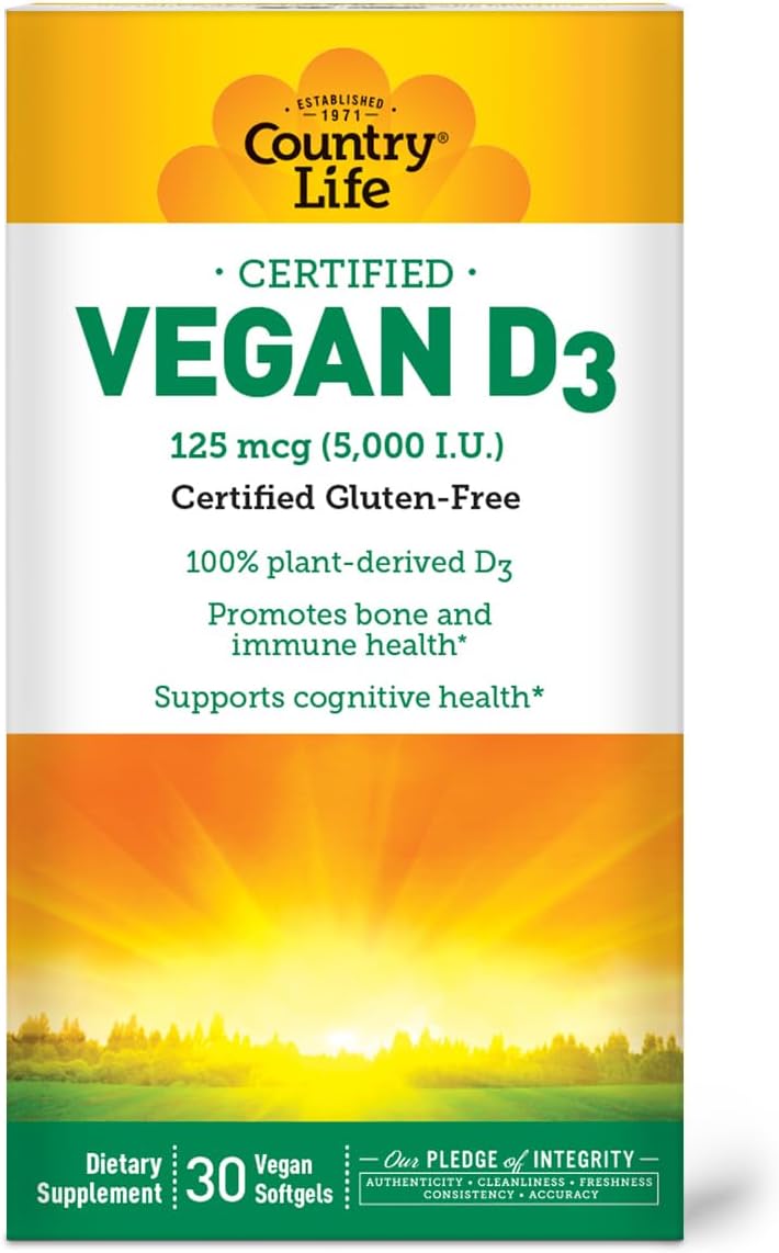 Country Life Vegan D3 5000 IU – Plant-Derived Vitamin D3 from Lichen – 30 Softgels - görsel 1
