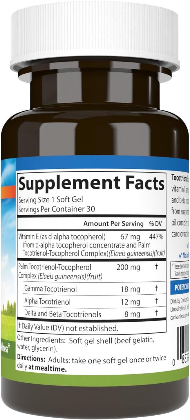 Carlson - Tocotrienols, 40 mg, with Natural-Source Vitamin E, Gamma, Alpha, Delta, Beta, Sustainably Sourced, 30 Softgels - görsel 2