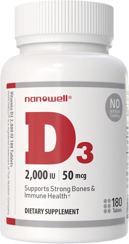NANOWELL Vitamin D3 2000 IU (50 mcg) – Bone, Muscle Health and Immune Support Supplement – 180 Tablets, 180-Day Supply