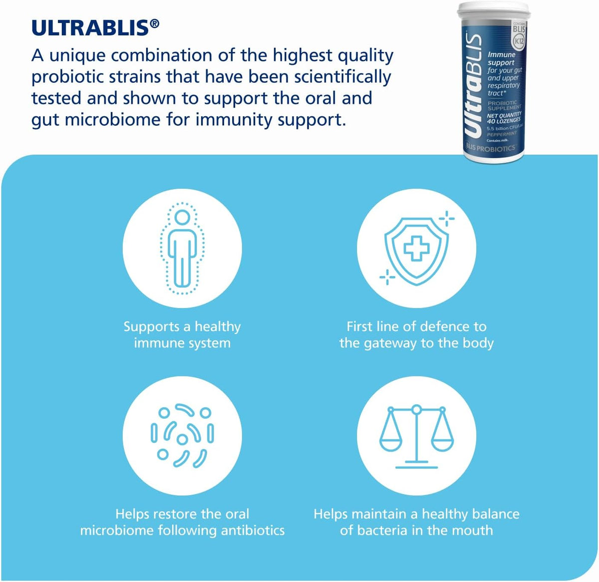 BLIS UltraBLIS Probiotic Lozenges – Immune, Gut and Oral Health, Peppermint, 40 Count - görsel 2