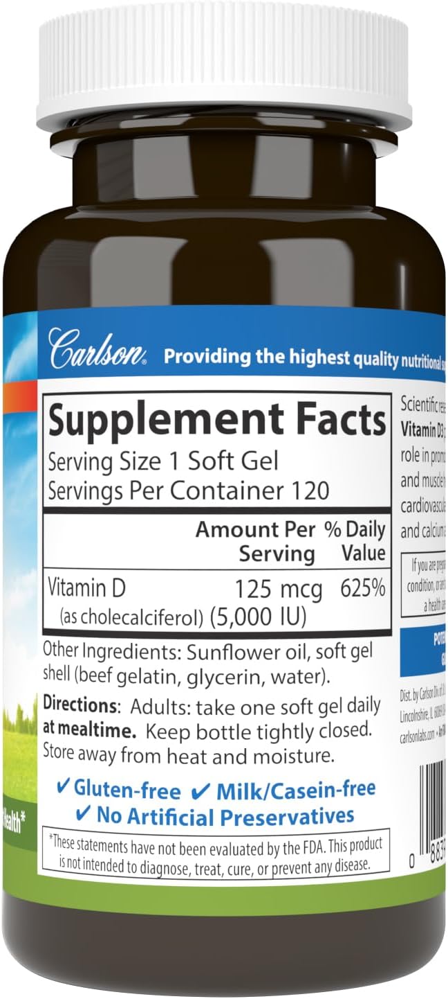 Carlson Vitamin D3 5000 IU (125 µg) - 120 Softgels - görsel 2