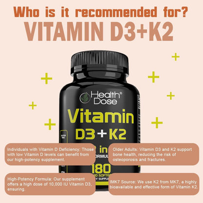 Health Dose Vitamin D3 10,000 IU + K2 (MK7) Food Supplement, 180 Softgels