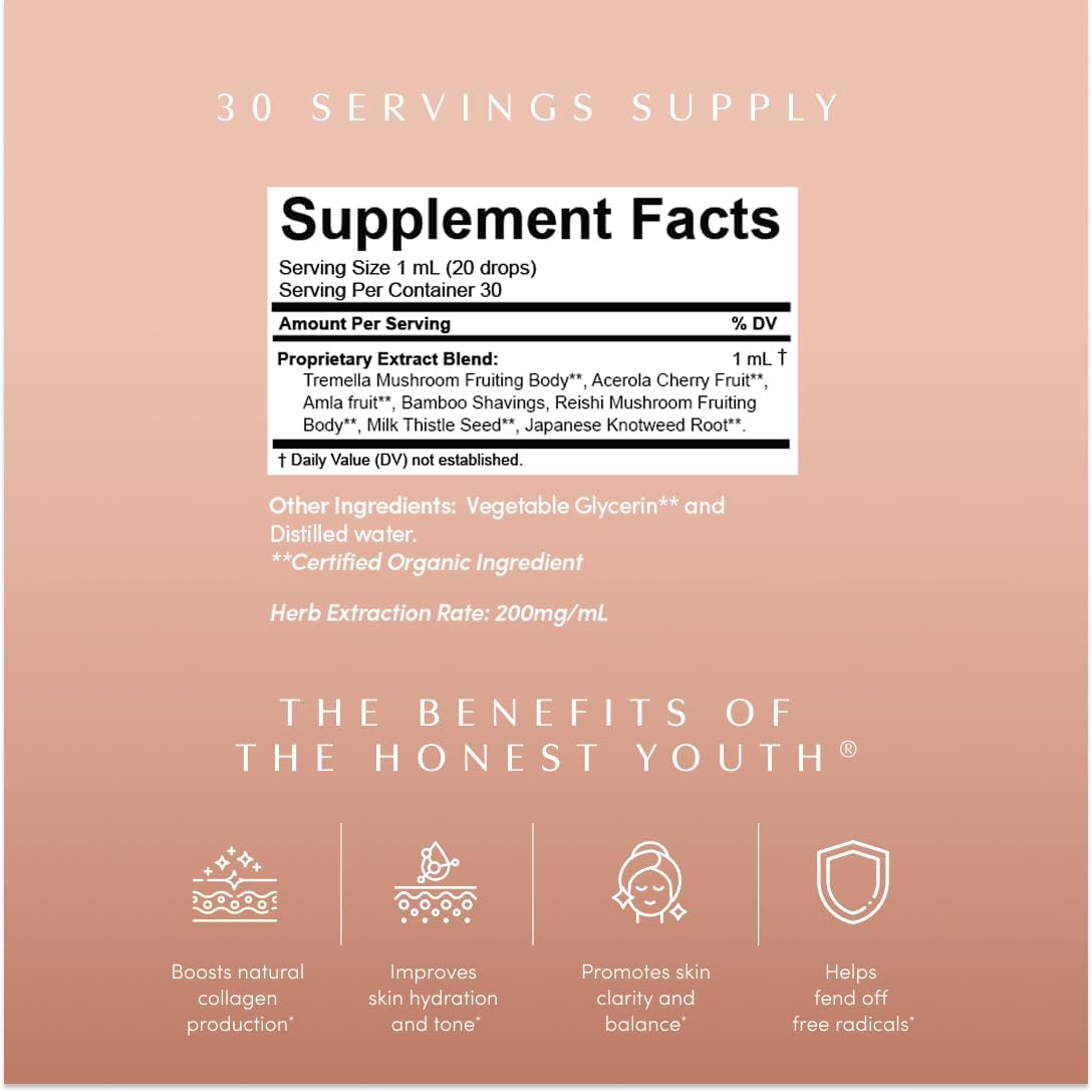 Apothékary The Honest Youth, Collagen & Skin Support Herbal Liquid Drops, Traditionally Used to Support Skin Radiance with Reishi and Tremella Mushroom, Vegan, Gluten-free, 30 ml, 30 Servings - görsel 2