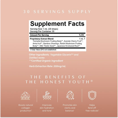 Apothékary The Honest Youth, Collagen & Skin Support Herbal Liquid Drops, Traditionally Used to Support Skin Radiance with Reishi and Tremella Mushroom, Vegan, Gluten-free, 30 ml, 30 Servings