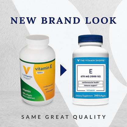The Vitamin Shoppe Vitamin E 1,000 IU – Antioxidant Support for Skin Health & Cell Protection, Daily Vitamin (240 Softgels)
