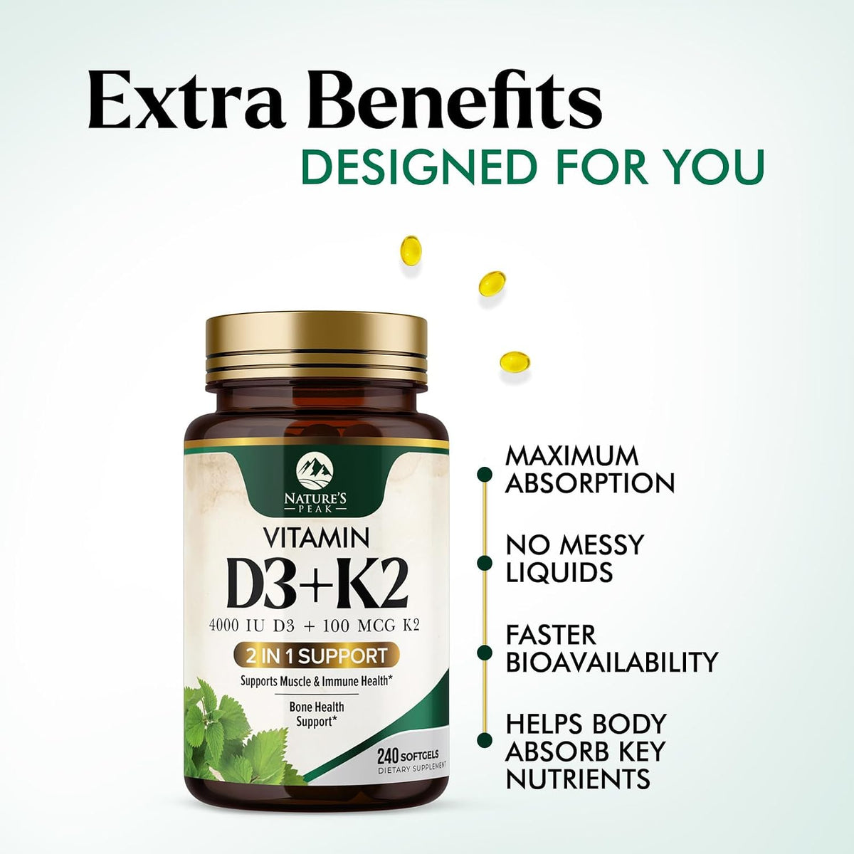 Vitamin D3 + K2 Supplement – High Potency with 4000 IU D3 and MK-7 – Bone, Immune and Heart Support – 240 Soft gel capsules - görsel 7