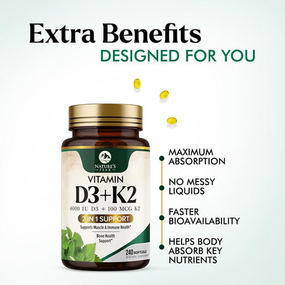 Vitamin D3 + K2 Supplement – High Potency with 4000 IU D3 and MK-7 – Bone, Immune and Heart Support – 240 Soft gel capsules