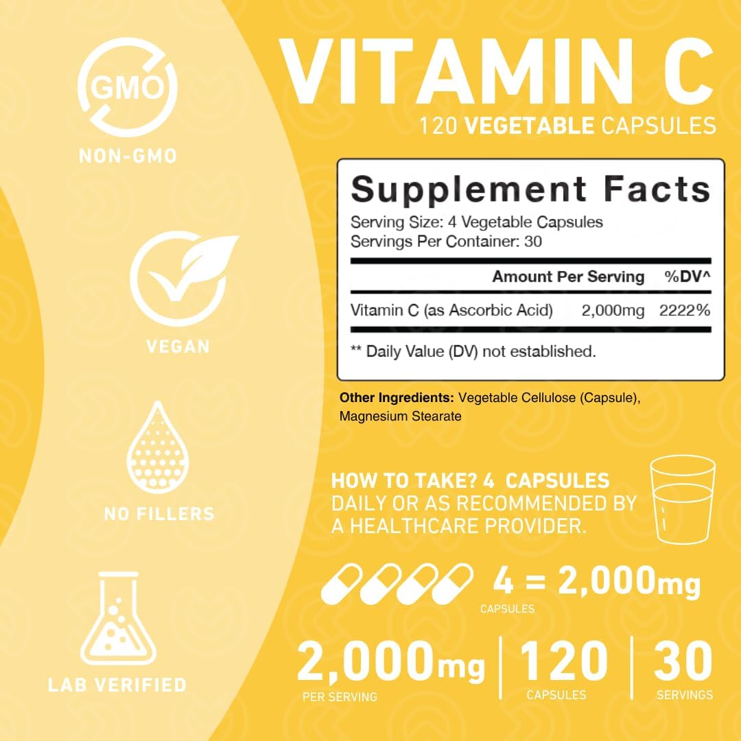 PUREFINITY Vitamin C 2000mg Capsules – Double Strength, High Absorption, 120 Capsules - görsel 4