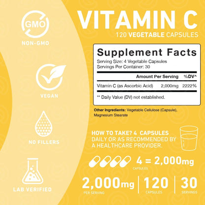 PUREFINITY Vitamin C 2000mg Capsules – Double Strength, High Absorption, 120 Capsules