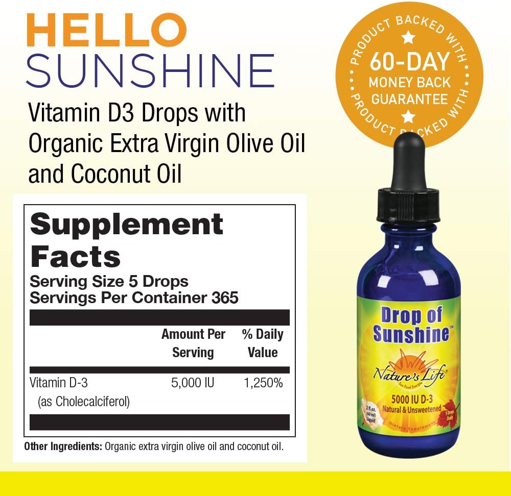 Nature's Life Drop of Sunshine Vitamin D3 Drops in Organic Extra Virgin Olive Oil & Coconut Oil 5000 IU | Supports Normal Bones & Immune System | 60 ml - görsel 2