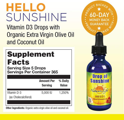 Nature's Life Drop of Sunshine Vitamin D3 Drops in Organic Extra Virgin Olive Oil & Coconut Oil 5000 IU | Supports Normal Bones & Immune System | 60 ml